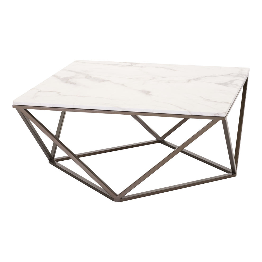 White and Antiqued Brass Faux Marble And Steel Square Abstract Coffee Table By Homeroots | Coffee Tables | Modishstore - 4