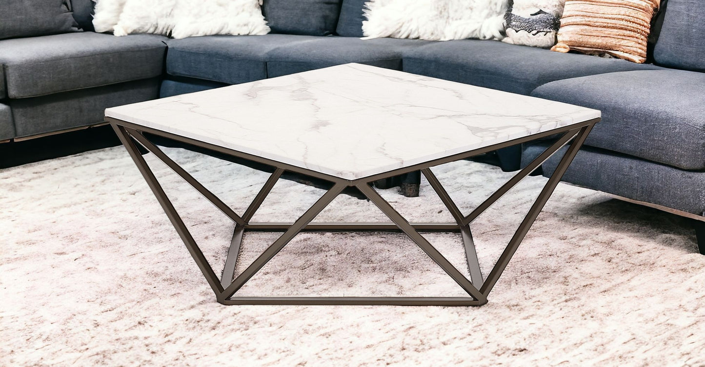 White and Antiqued Brass Faux Marble And Steel Square Abstract Coffee Table By Homeroots | Coffee Tables | Modishstore - 2