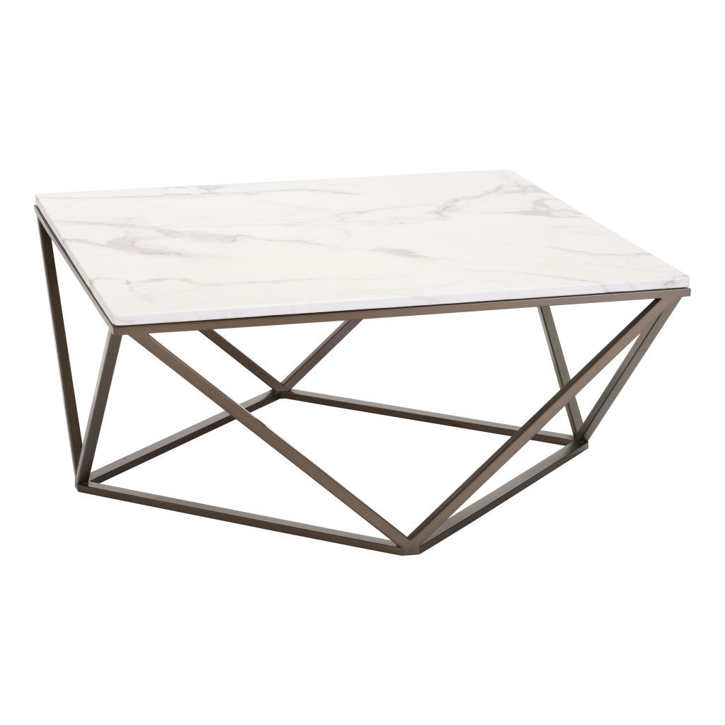 White and Antiqued Brass Faux Marble And Steel Square Abstract Coffee Table By Homeroots | Coffee Tables | Modishstore - 5