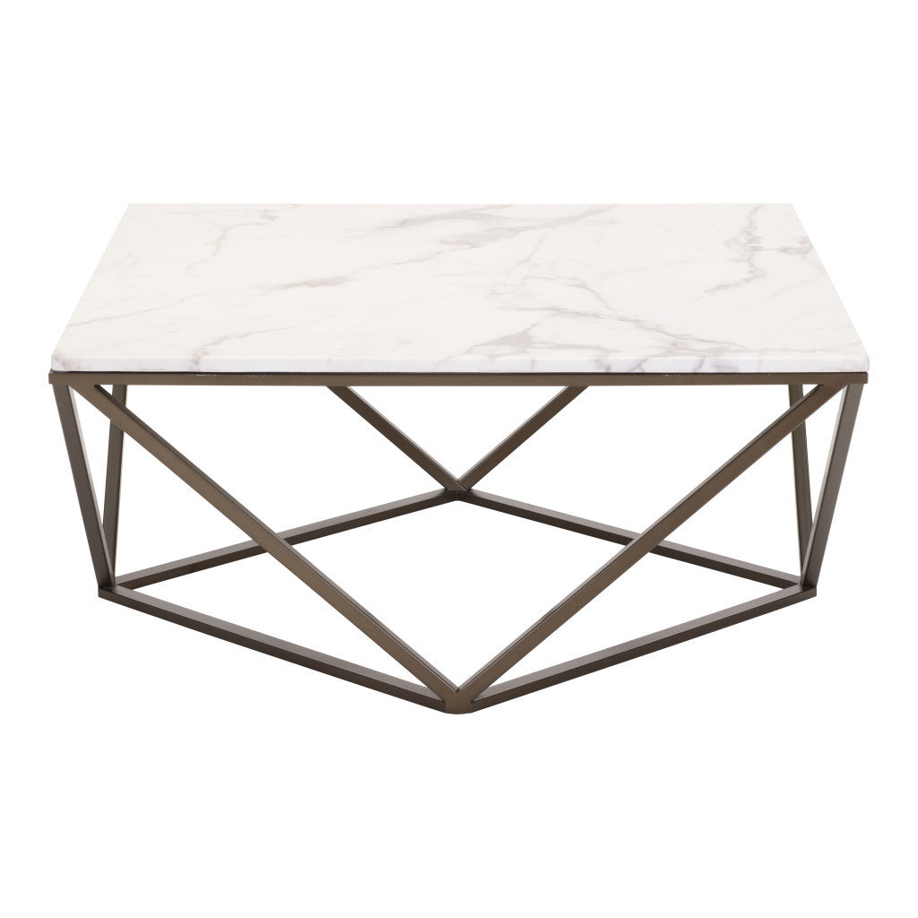 White and Antiqued Brass Faux Marble And Steel Square Abstract Coffee Table By Homeroots | Coffee Tables | Modishstore - 6