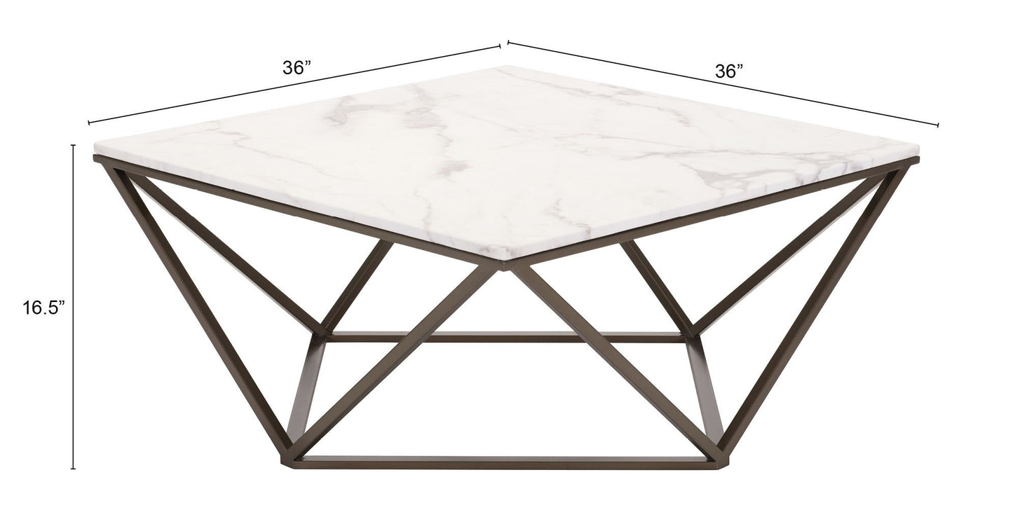 White and Antiqued Brass Faux Marble And Steel Square Abstract Coffee Table By Homeroots | Coffee Tables | Modishstore - 8