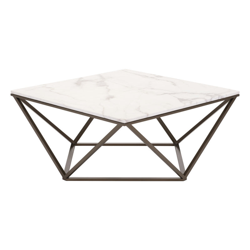 White and Antiqued Brass Faux Marble And Steel Square Abstract Coffee Table By Homeroots | Coffee Tables | Modishstore - 1