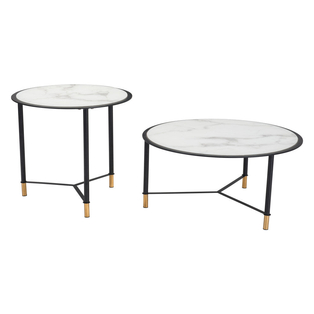 Set of Two White and Black Faux Marble And Glass And Steel Round Bunching Coffee Tables By Homeroots | Coffee Tables | Modishstore - 2