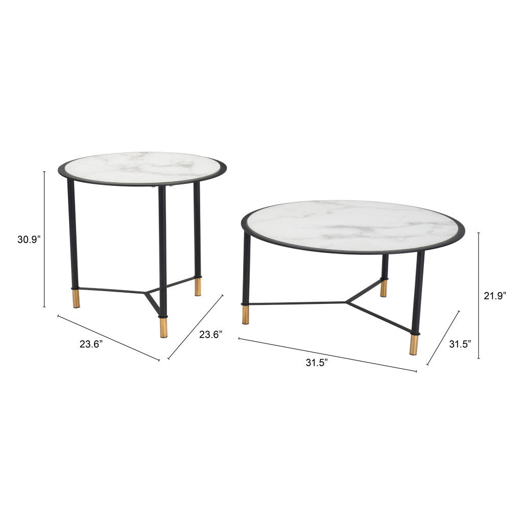 Set of Two White and Black Faux Marble And Glass And Steel Round Bunching Coffee Tables By Homeroots | Coffee Tables | Modishstore - 7