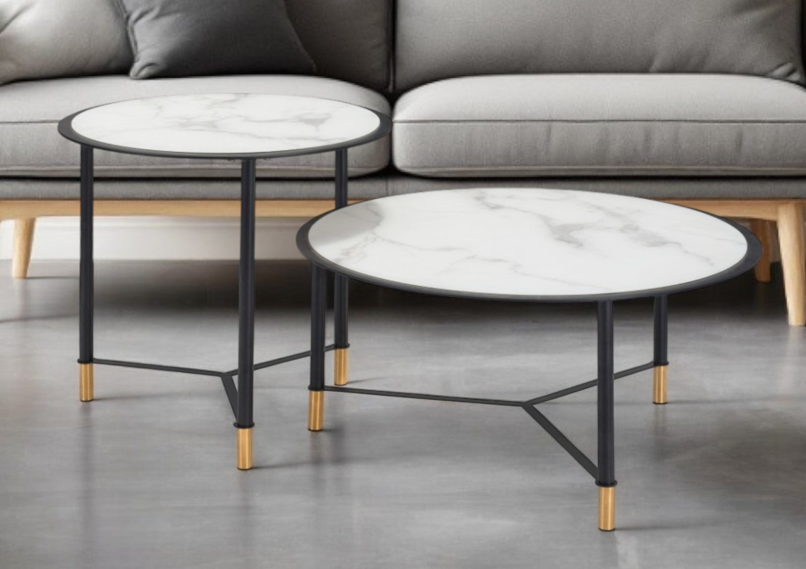 Set of Two White and Black Faux Marble And Glass And Steel Round Bunching Coffee Tables By Homeroots | Coffee Tables | Modishstore - 1