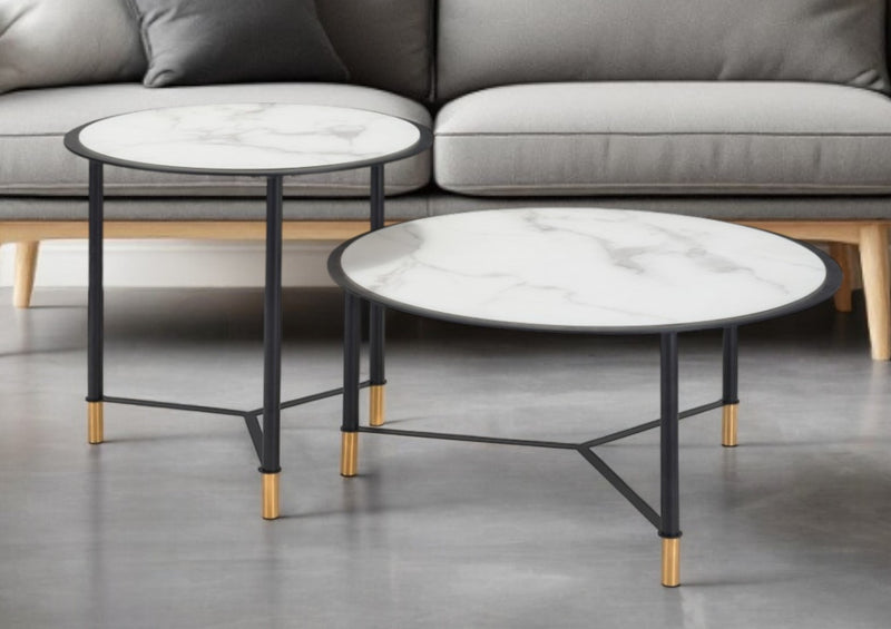 Set of Two White and Black Faux Marble And Glass And Steel Round Bunching Coffee Tables By Homeroots | Coffee Tables | Modishstore - 1