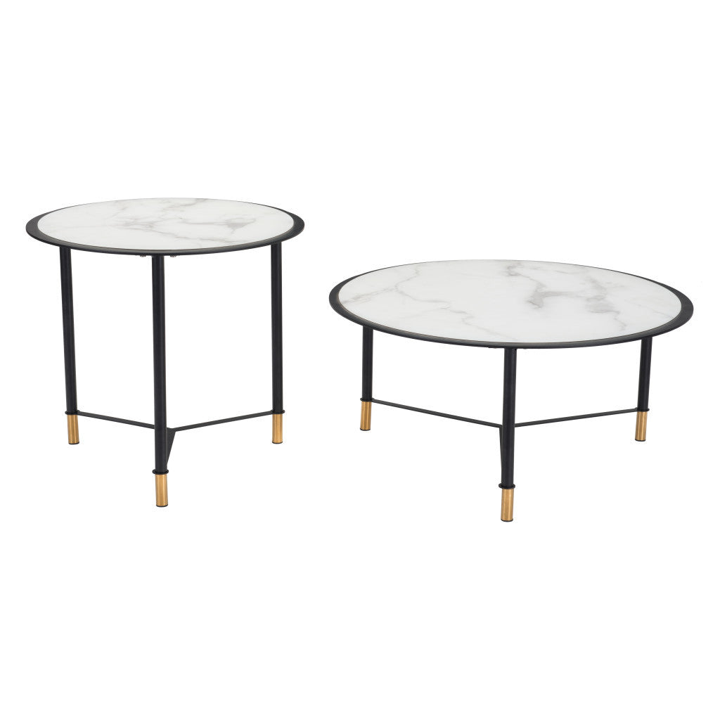 Set of Two White and Black Faux Marble And Glass And Steel Round Bunching Coffee Tables By Homeroots | Coffee Tables | Modishstore - 5