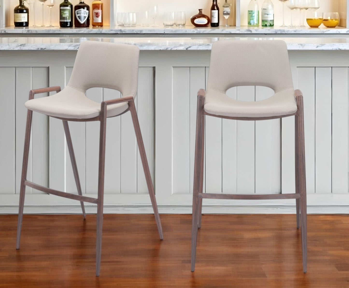 Set of Two Beige And Brown Steel Low Back Bar Height Bar Chairs By Homeroots | Bar Stools | Modishstore - 1