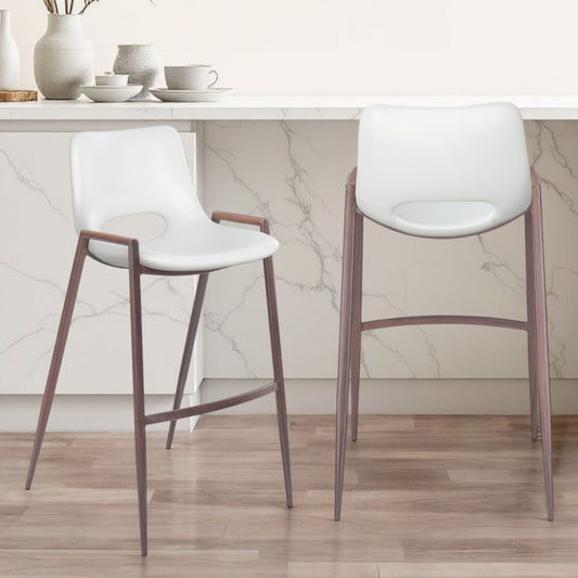 Set of Two White And Brown Steel Low Back Bar Height Bar Chairs By Homeroots | Bar Stools | Modishstore - 1