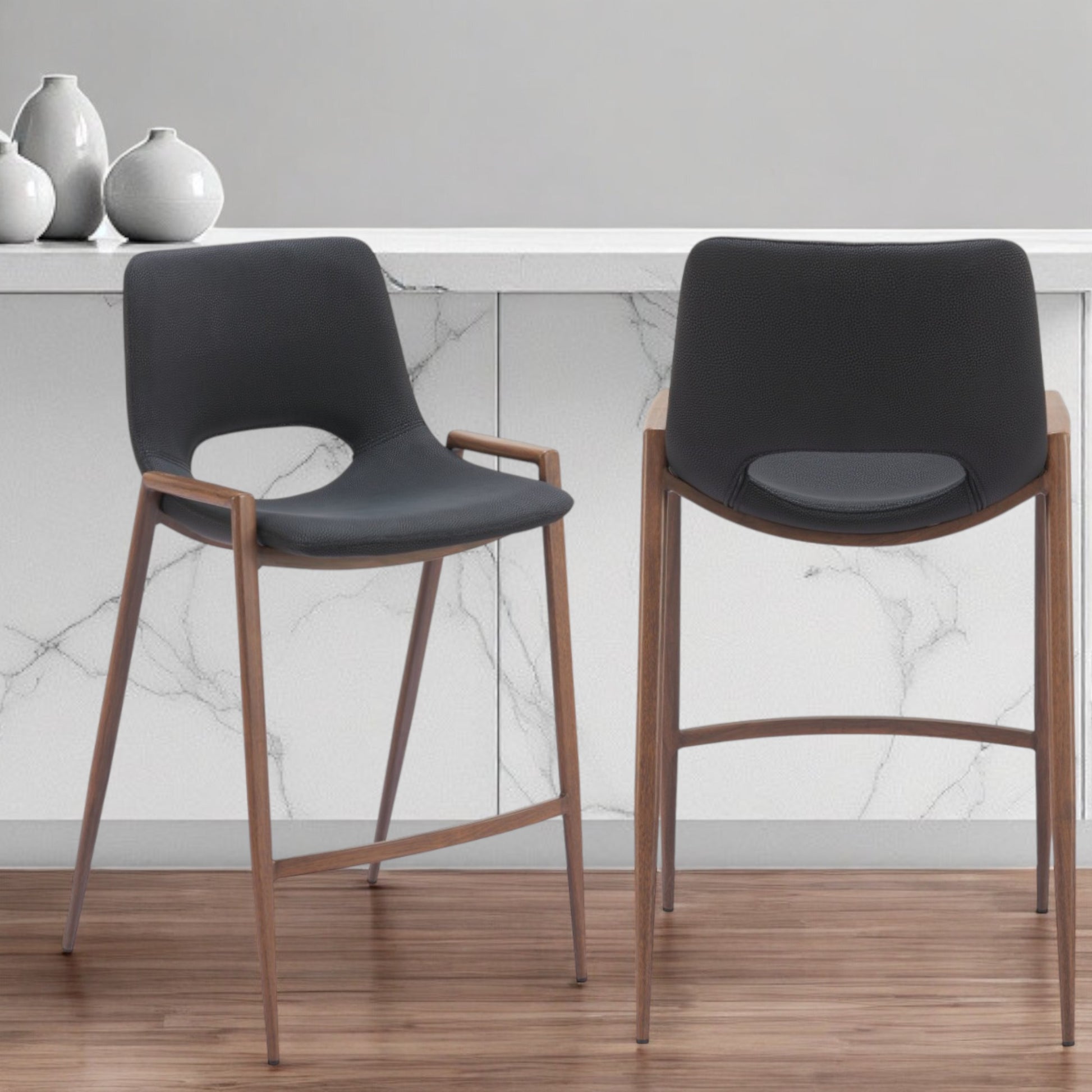 Set of Two Black And Brown Steel Low Back Counter Height Bar Chairs By Homeroots | Bar Stools | Modishstore - 5