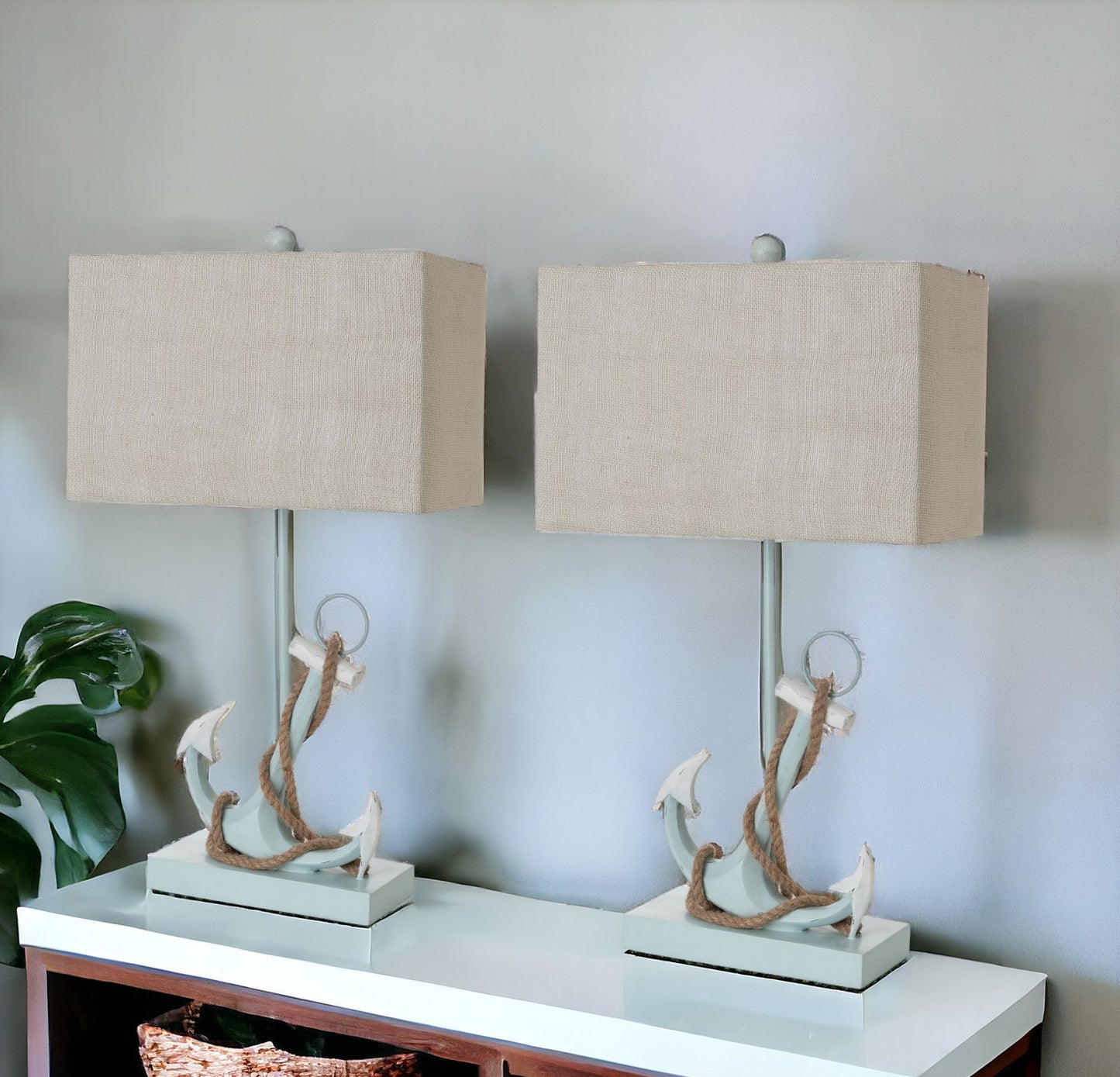 Set of Two Blue Coastal Anchor Table Lamps With Beige Shade By Homeroots | Table Lamps | Modishstore - 1