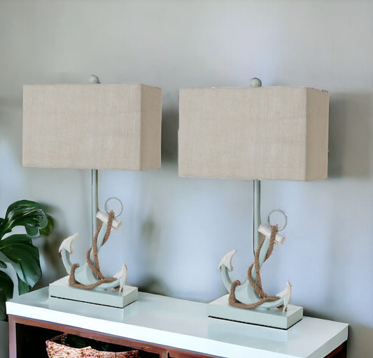 Set of Two Blue Coastal Anchor Table Lamps With Beige Shade By Homeroots | Table Lamps | Modishstore - 1