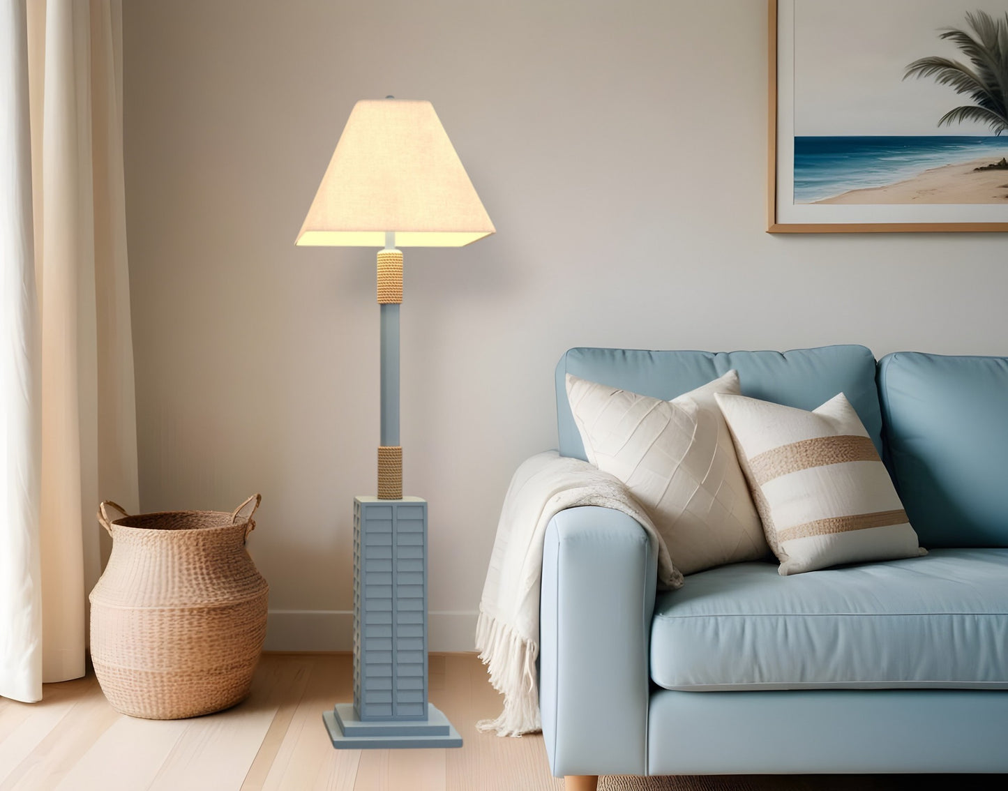 Light Blue Polyresin Floor Lamp With Tan Linen Shade By Homeroots | Floor Lamps | Modishstore - 2