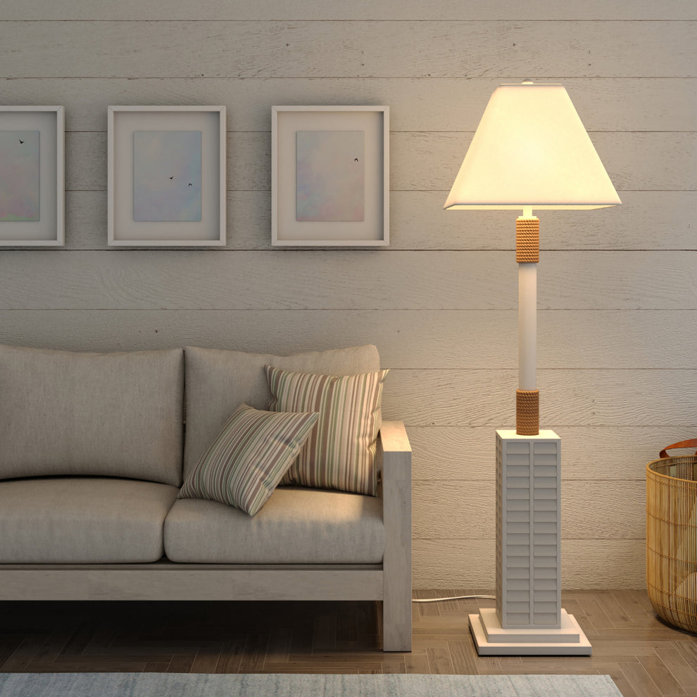 White Polyresin Floor Lamp With White Linen Shade By Homeroots | Floor Lamps | Modishstore - 7