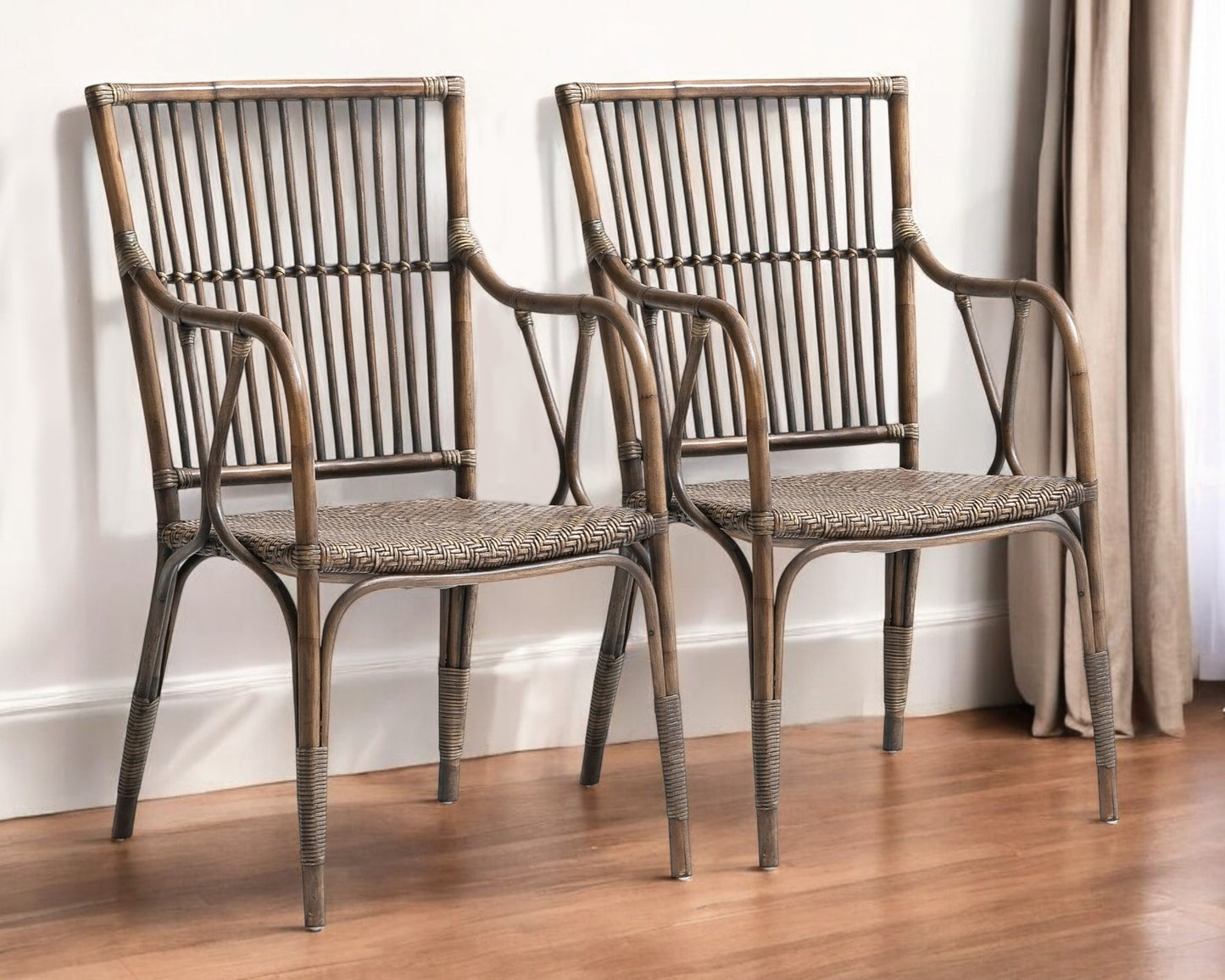 Set of Two Natural Rattan Slat Back Dining Arm Chairs By Homeroots | Dining Chairs | Modishstore - 1