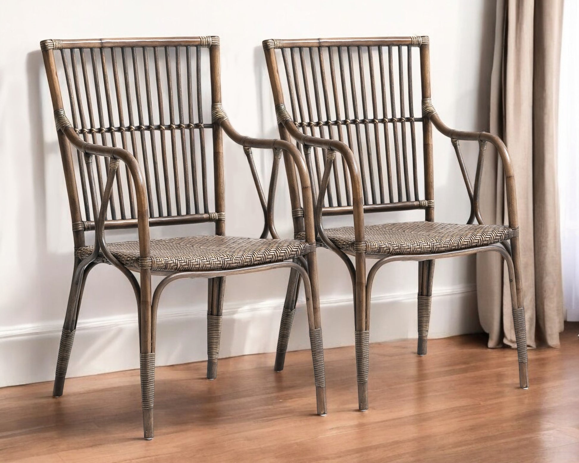Set of Two Natural Rattan Slat Back Dining Arm Chairs By Homeroots | Dining Chairs | Modishstore - 1
