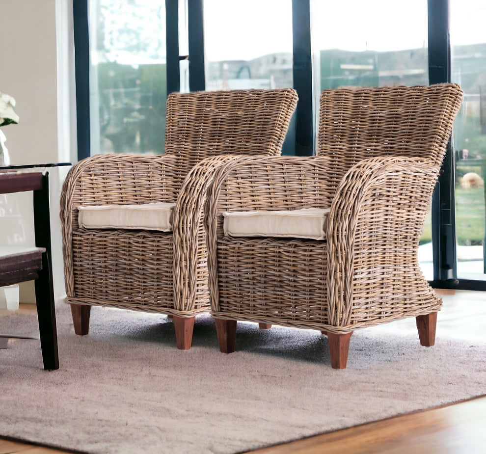 Set Of Two Natural Brown Rattan Wingback Wicker Chairs with Seat Cushions By Homeroots | Dining Chairs | Modishstore - 2