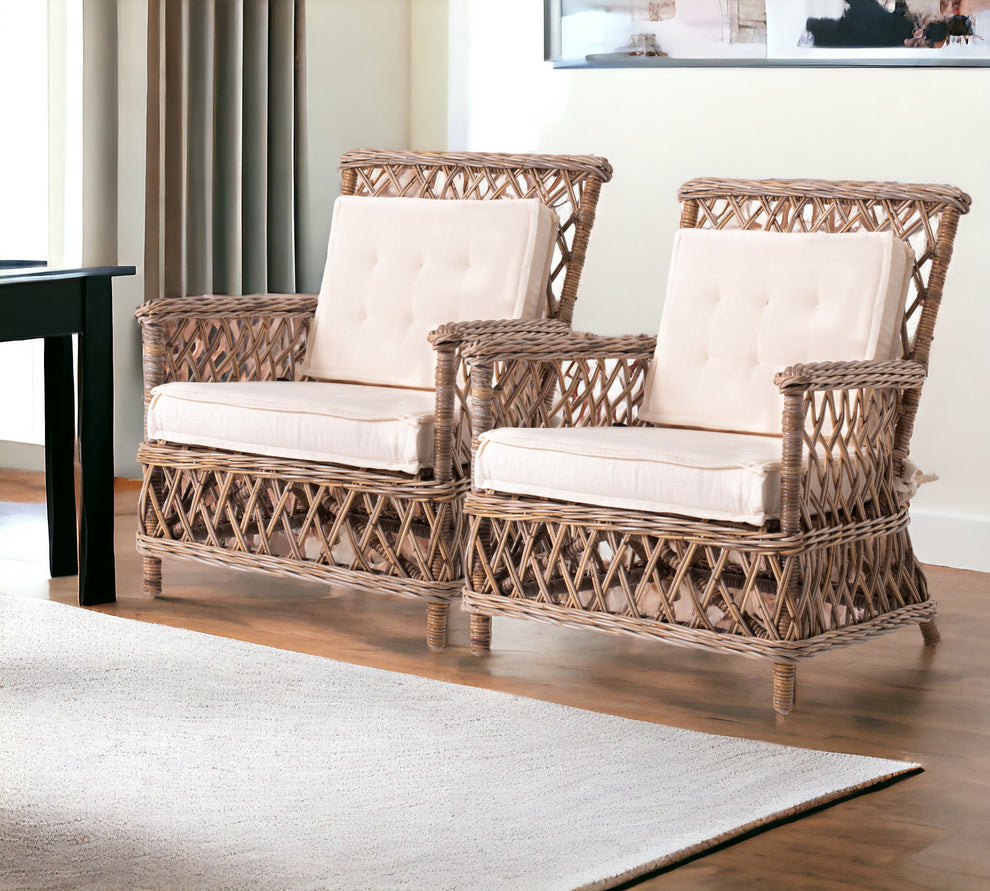 Set of Two Natural Lattice Wicker Arm Chairs with Seat Cushions By Homeroots | Dining Chairs | Modishstore - 2