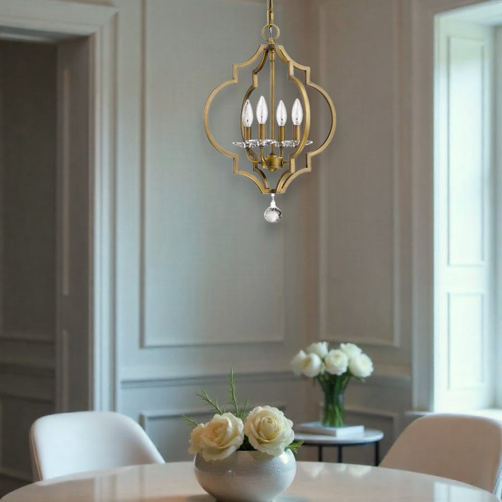 Brass Candle Style Four Light Metal and Crystals Dimmable Chandelier By Homeroots | Chandeliers | Modishstore - 2