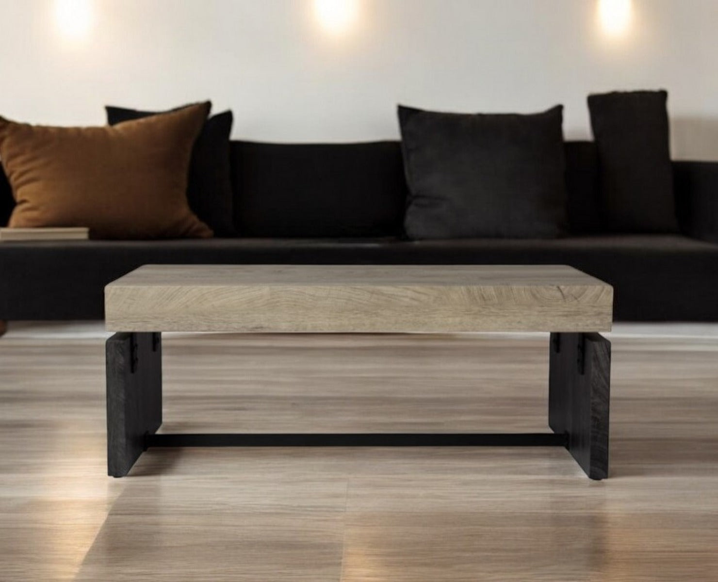 Natural And Black Chunky Wood With Iron Coffee Table By Homeroots | Coffee Tables | Modishstore - 1