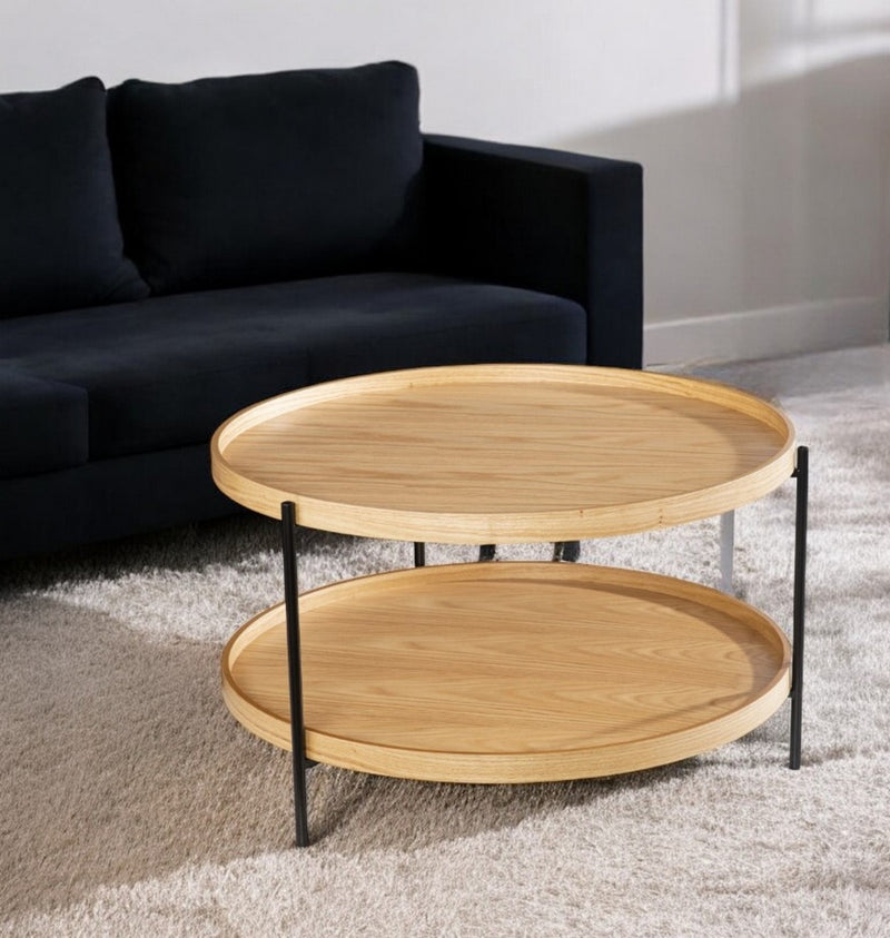 Natural and Black Wood and Metal Round Coffee Table By Homeroots | Coffee Tables | Modishstore - 1