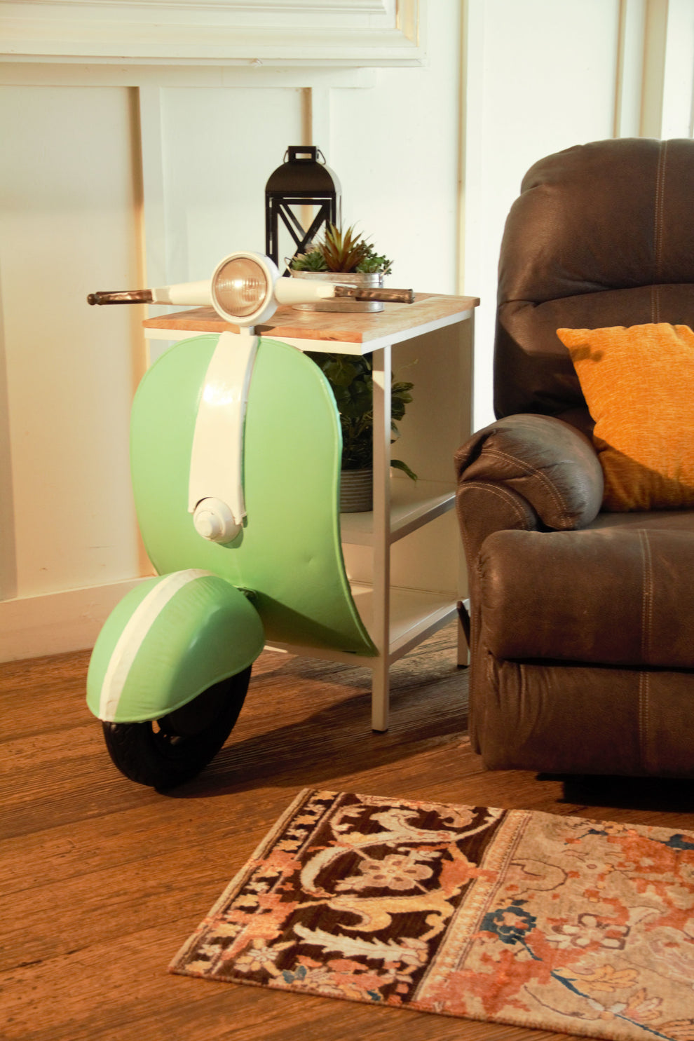 Green And White Novelty Scooter Open Cabinet with Two Shelves By Homeroots | Cabinets | Modishstore - 6