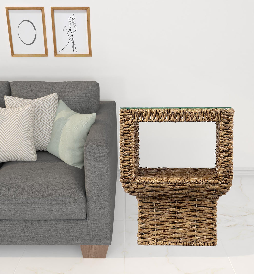 Brown And Clear Glass And Rattan Wicker Square End Table By Homeroots | End Tables | Modishstore - 2