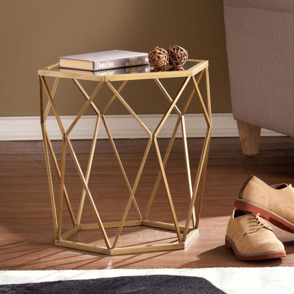 Gold And Reflective Glass Hexagon Mirrored End Table By Homeroots | End Tables | Modishstore - 3