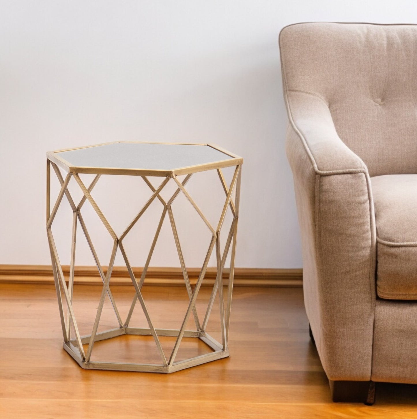 Gold And Reflective Glass Hexagon Mirrored End Table By Homeroots | End Tables | Modishstore - 2