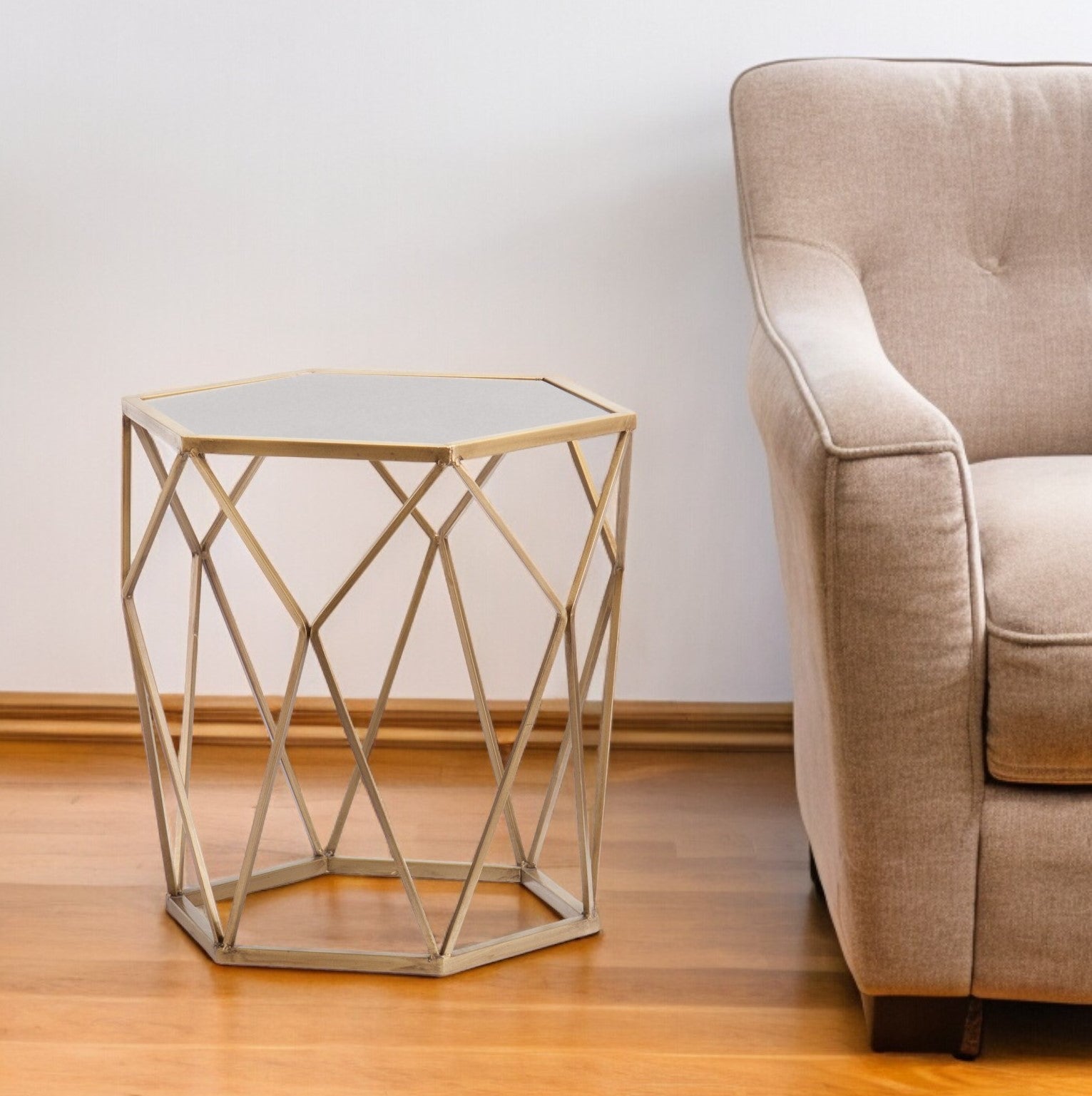 Gold And Reflective Glass Hexagon Mirrored End Table By Homeroots | End Tables | Modishstore - 2