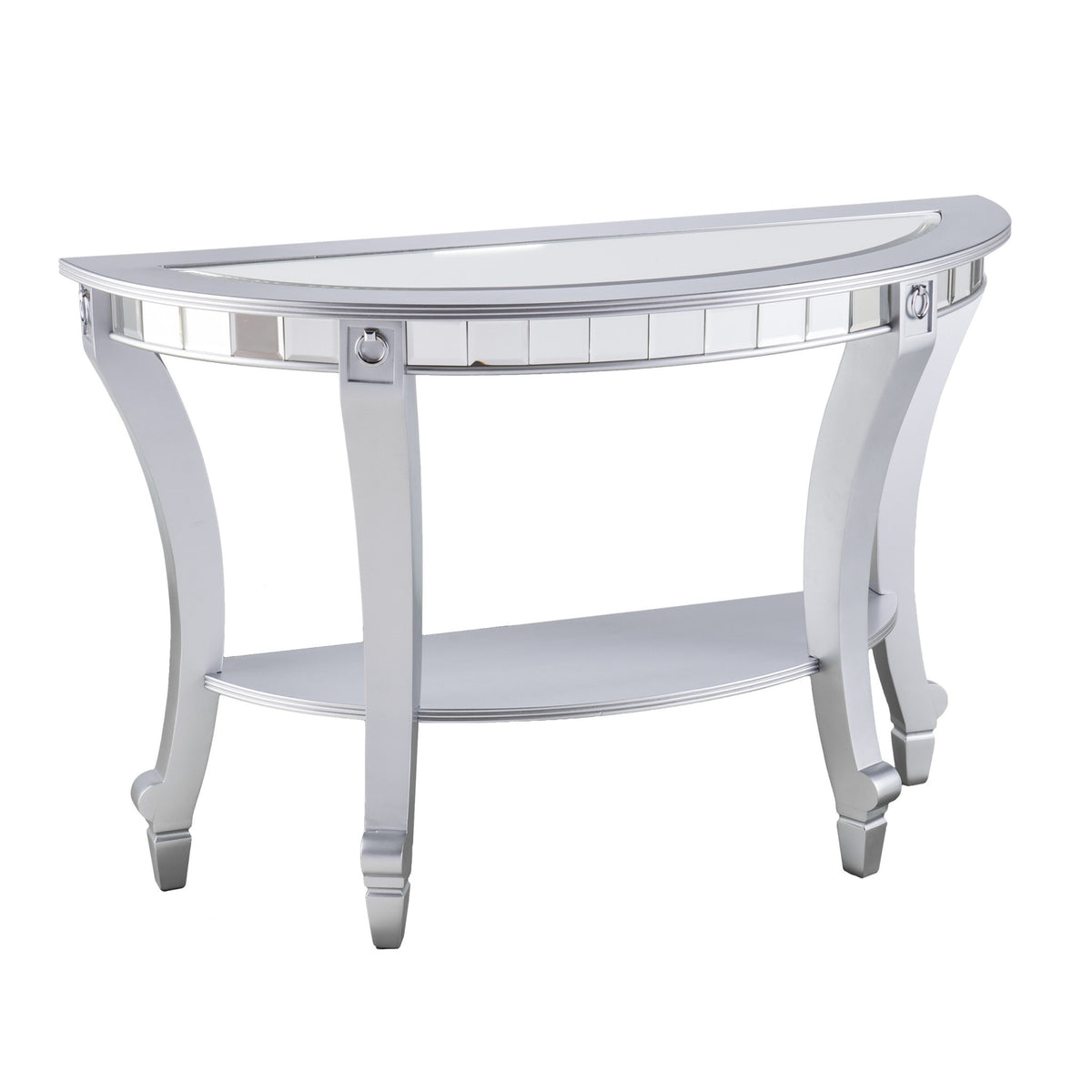 Silver Mirrored Glass Half Circle Console Table With Storage By Homeroots | Console Tables | Modishstore - 1
