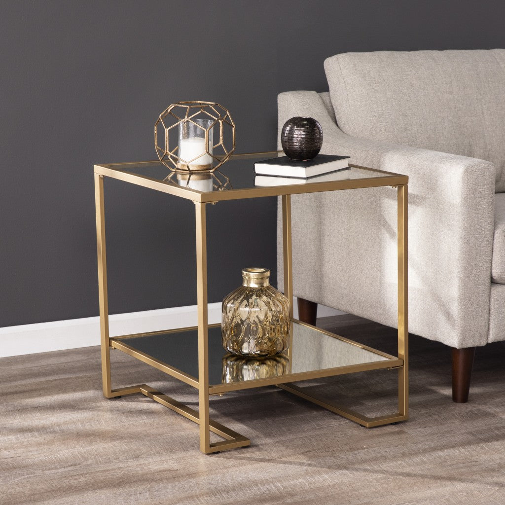 Gold Glass And Iron Square Mirrored End Table With Shelf By Homeroots | End Tables | Modishstore - 8