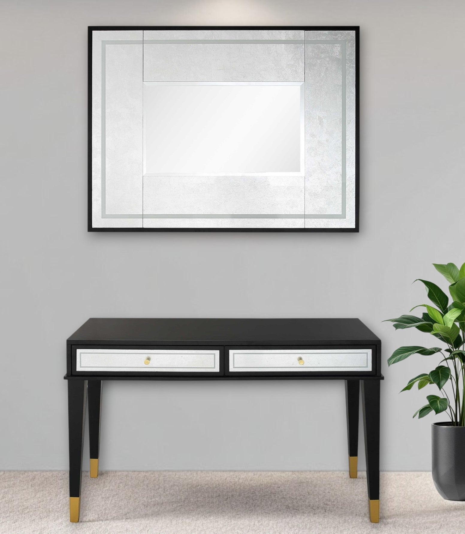 Black And Silver Mirrored Wood And Glass Console Table With Two Drawers By Homeroots | Console Tables | Modishstore - 2