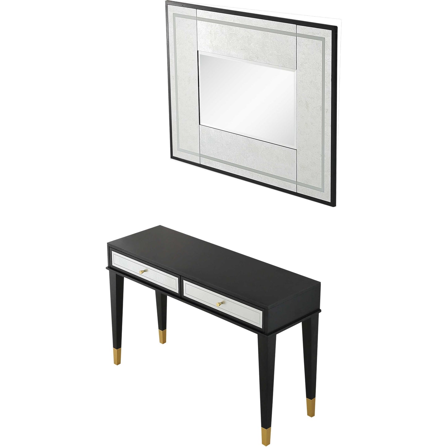 Black And Silver Mirrored Wood And Glass Console Table With Two Drawers By Homeroots | Console Tables | Modishstore - 4