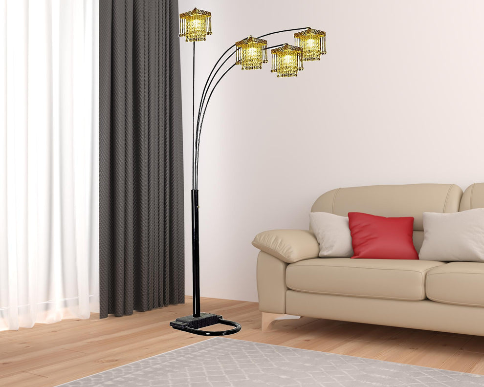 Black Four Light Arc Floor Lamp With Clear Crystal Glass Chandelier Shade By Homeroots | Floor Lamps | Modishstore - 3