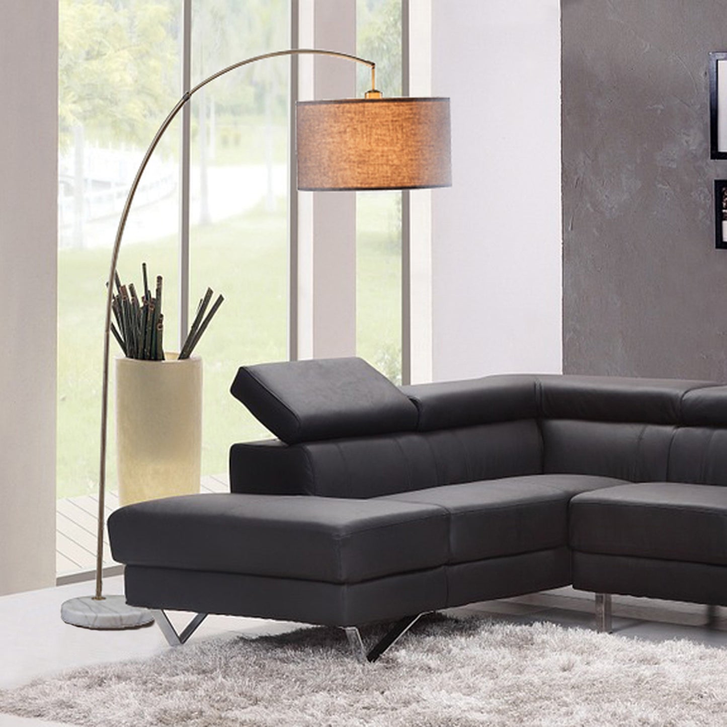 Beige And Antique Gold Arched Floor Lamp With Gray Drum Shade By Homeroots | Floor Lamps | Modishstore - 6