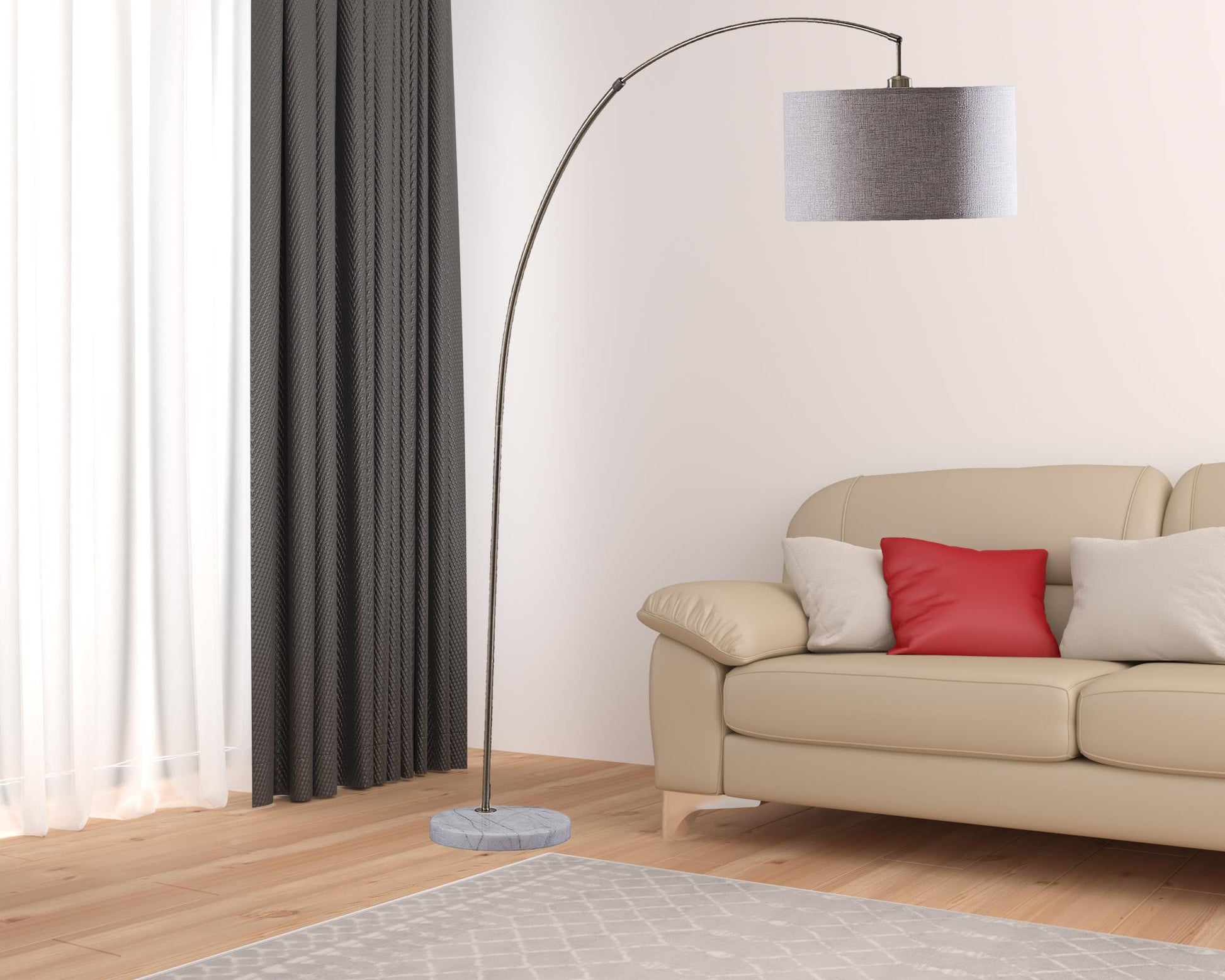 Beige And Antique Gold Arched Floor Lamp With Gray Drum Shade By Homeroots | Floor Lamps | Modishstore - 3