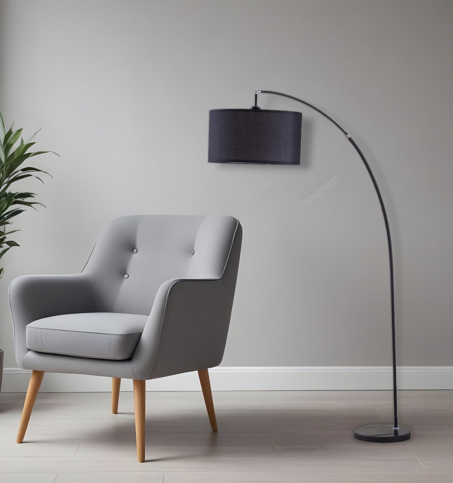 Black Metal Arc Floor Lamp With Black Fabric Drum Shade By Homeroots | Floor Lamps | Modishstore - 1