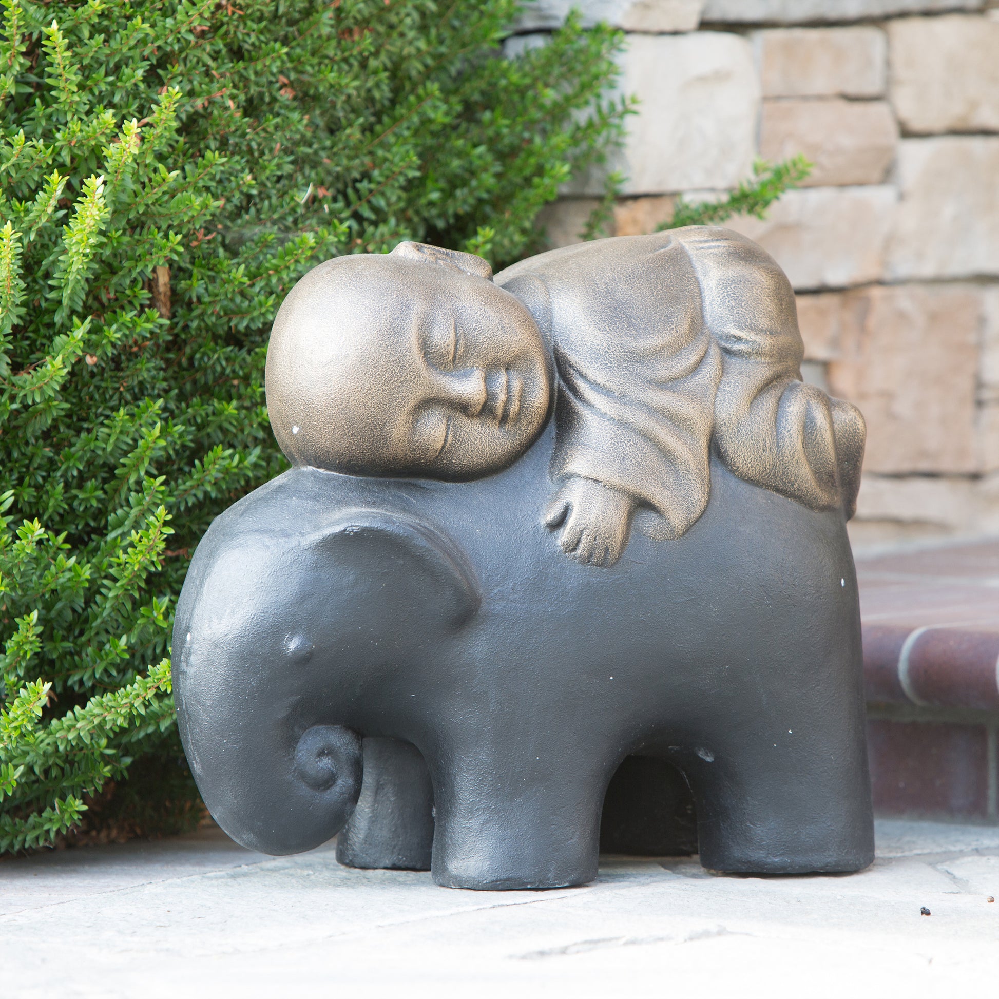 Shaolin Monk on Elephant - Rustic Gold By Garden Age Supply | Sculptures | Modishstore - 1
