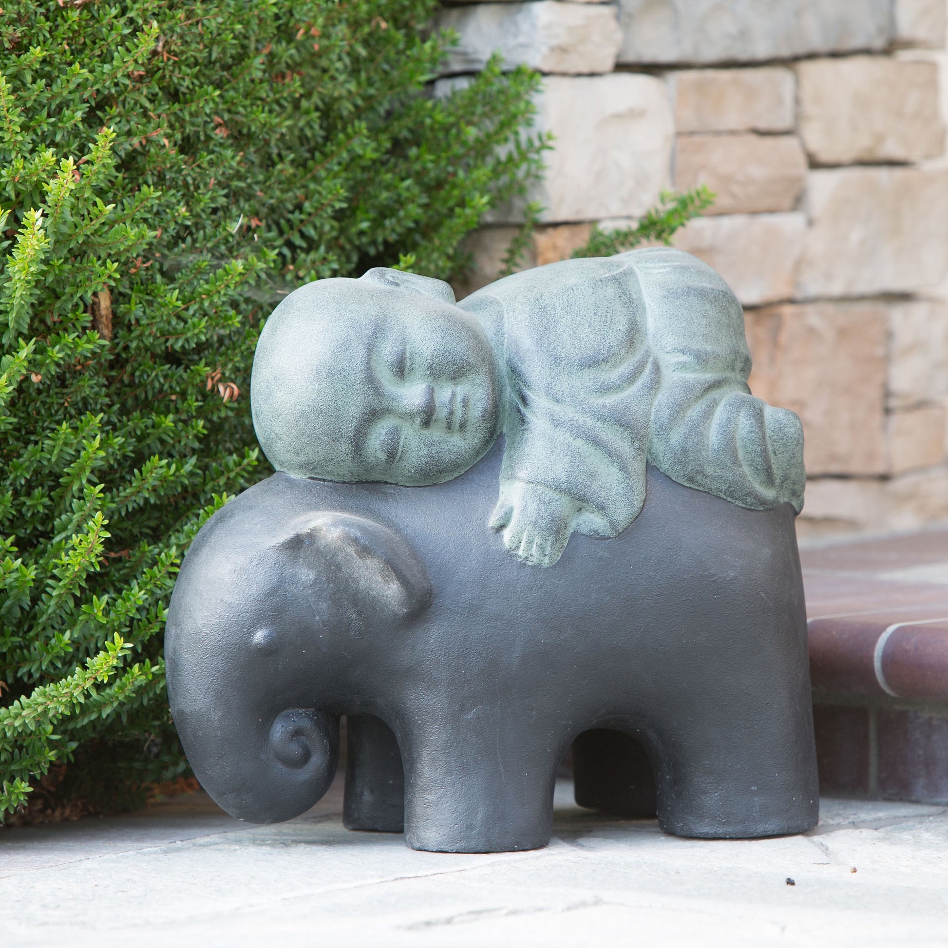 Shaolin Monk on Elephant - Rustic Green By Garden Age Supply | Sculptures | Modishstore - 1