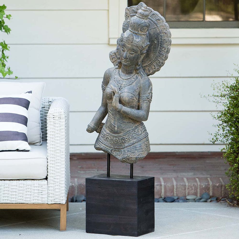 Tara Statue with Teak Stand By Garden Age Supply | Sculptures | Modishstore - 2