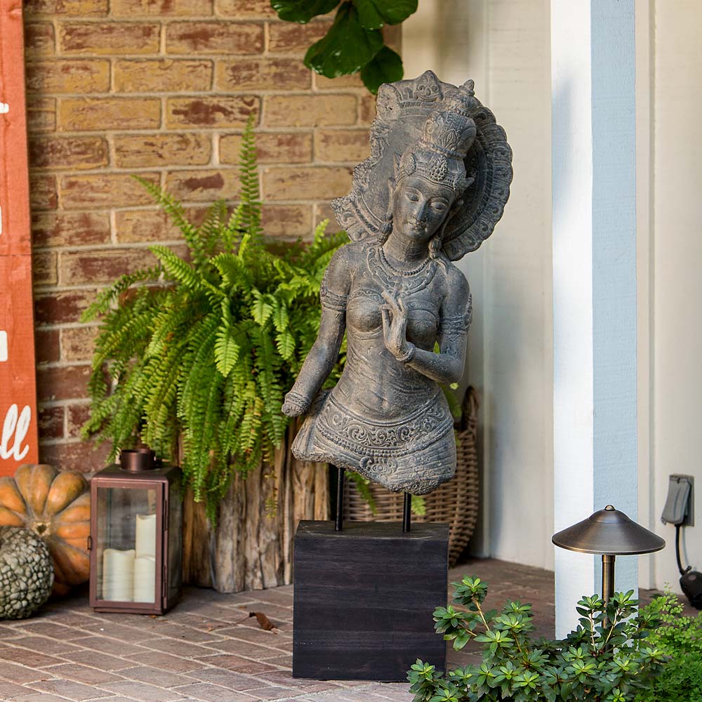Tara Statue with Teak Stand By Garden Age Supply | Sculptures | Modishstore - 1
