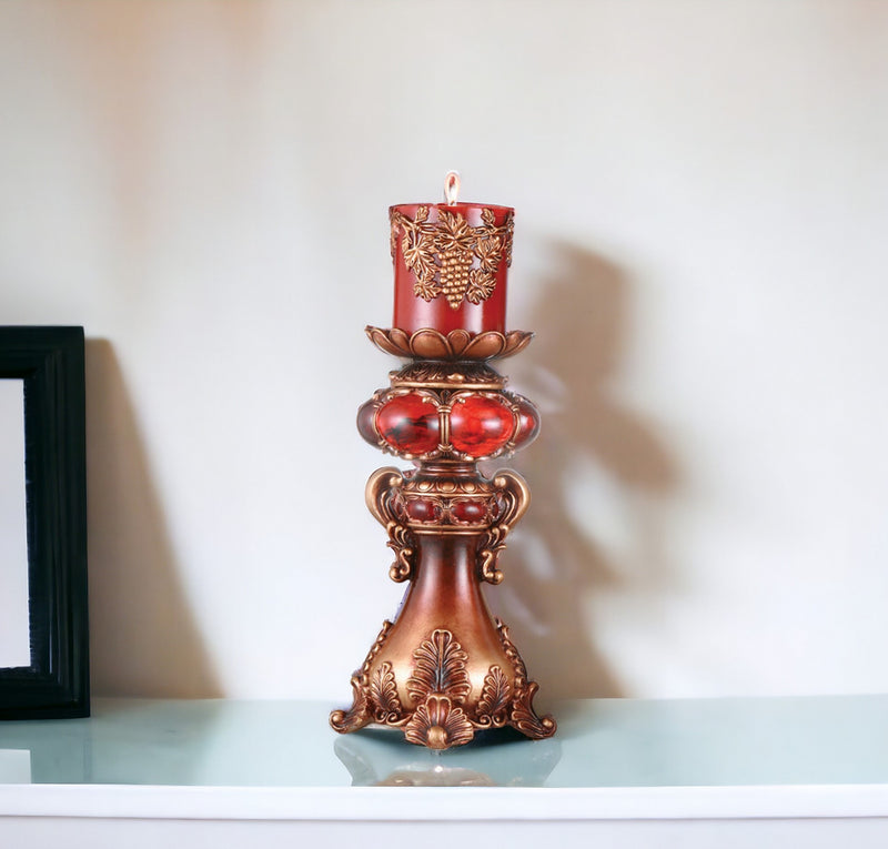 Tall Red and Brown Faux Marble Candle Holder with Candle By Homeroots | Candle Holders | Modishstore - 1