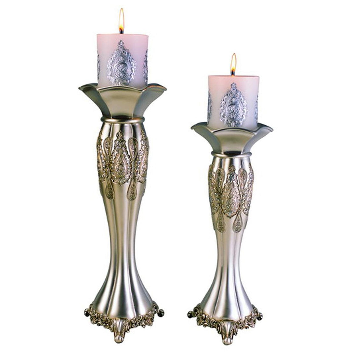 Set of Two Silver Metallic Polyresin Ornate Tabletop Pillar Candle Holders With Candle By Homeroots | Candle Holders | Modishstore - 7