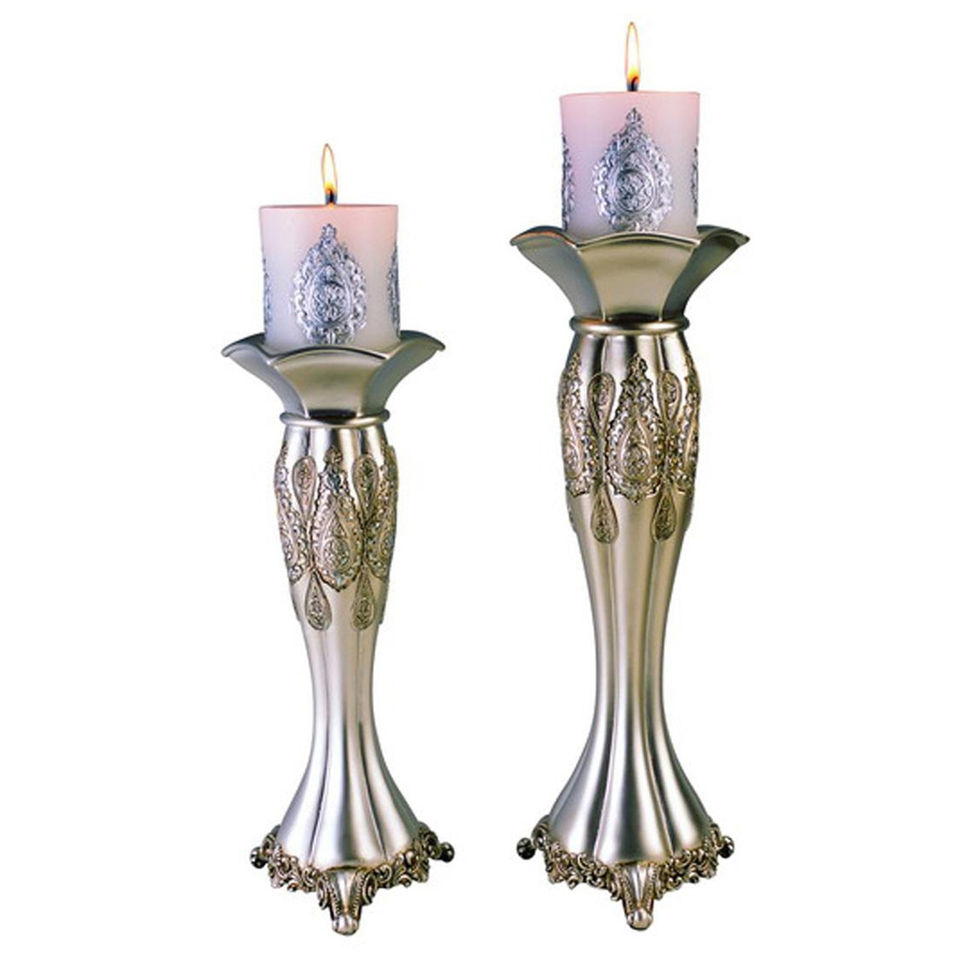 Set of Two Silver Metallic Polyresin Ornate Tabletop Pillar Candle Holders With Candle By Homeroots | Candle Holders | Modishstore - 2