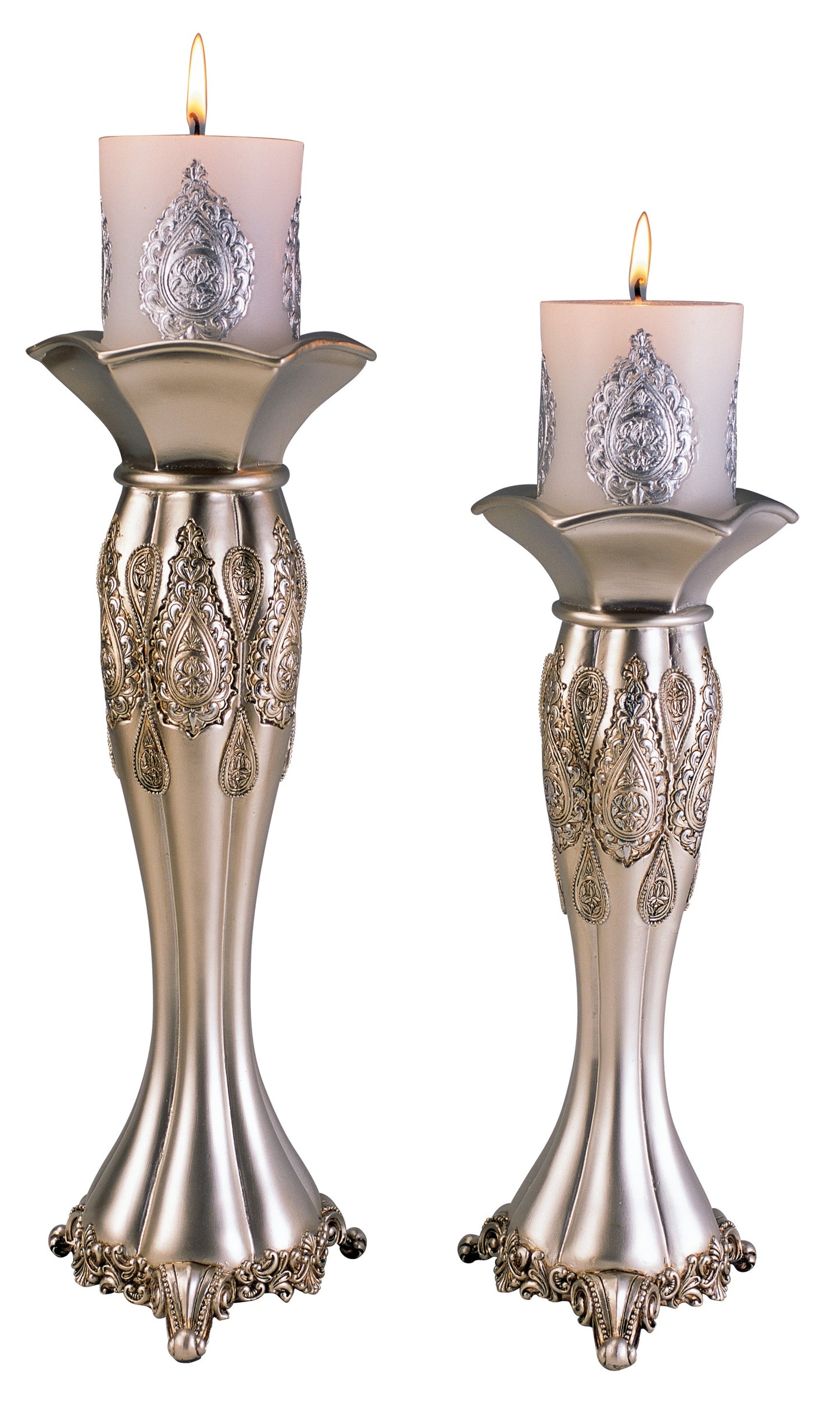 Set of Two Silver Metallic Polyresin Ornate Tabletop Pillar Candle Holders With Candle By Homeroots | Candle Holders | Modishstore - 3