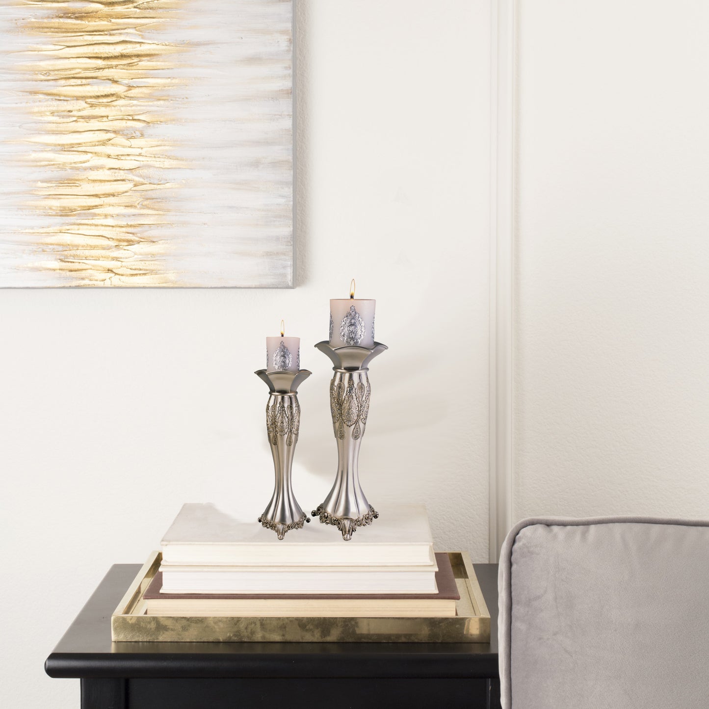 Set of Two Silver Metallic Polyresin Ornate Tabletop Pillar Candle Holders With Candle By Homeroots | Candle Holders | Modishstore - 6