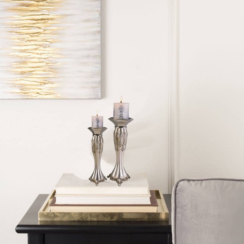 Set of Two Silver Metallic Polyresin Ornate Tabletop Pillar Candle Holders With Candle By Homeroots | Candle Holders | Modishstore - 6