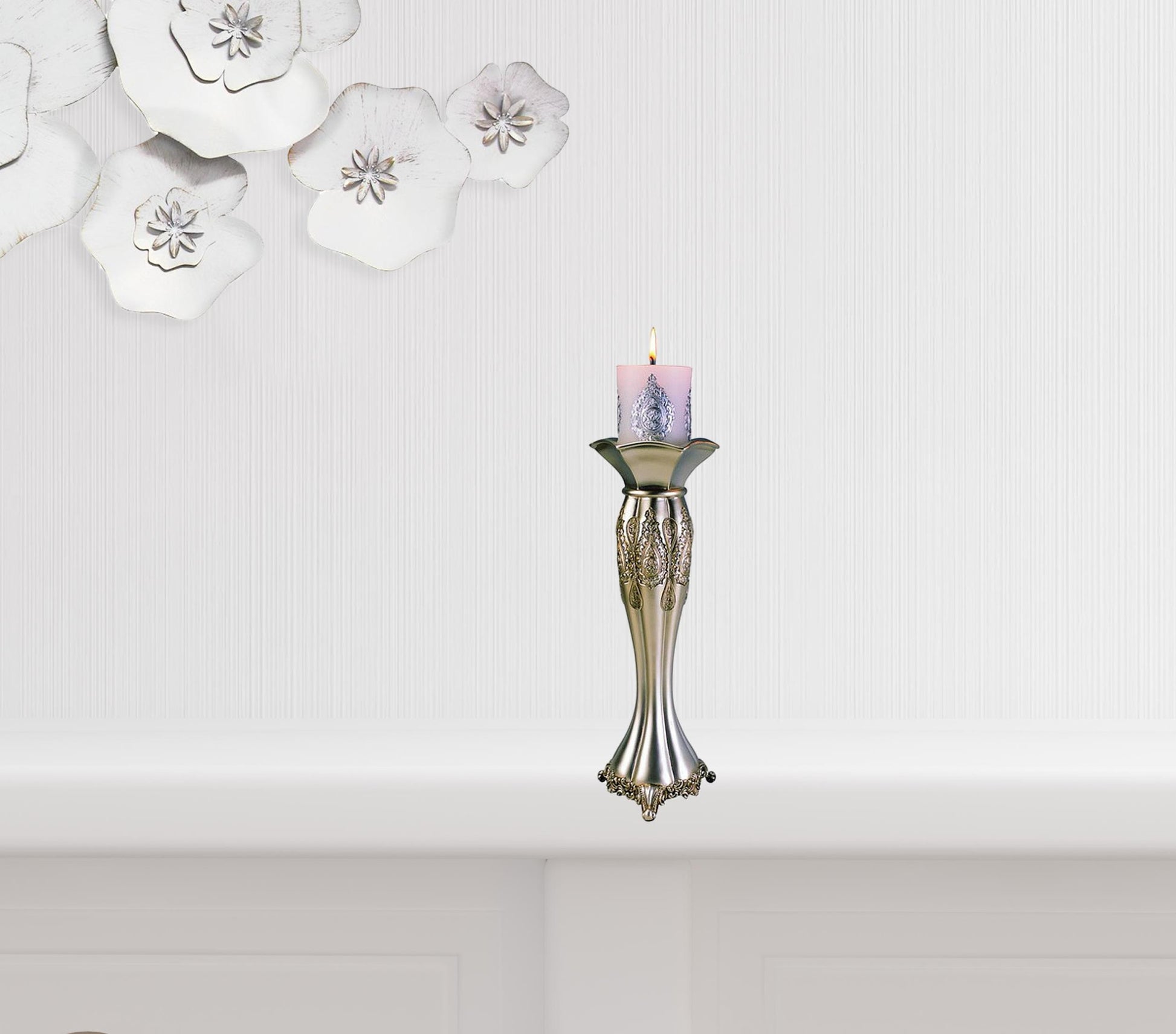Set of Two Silver Metallic Polyresin Ornate Tabletop Pillar Candle Holders With Candle By Homeroots | Candle Holders | Modishstore - 1