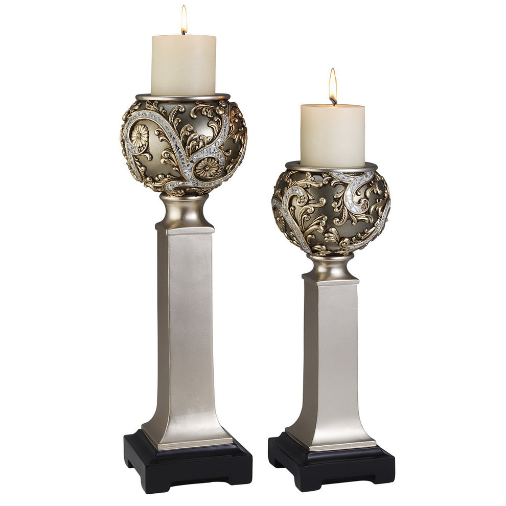Set of Two Silver Polyresin Filigree Tabletop Pillar Candle Holders With Candle By Homeroots | Candle Holders | Modishstore - 5